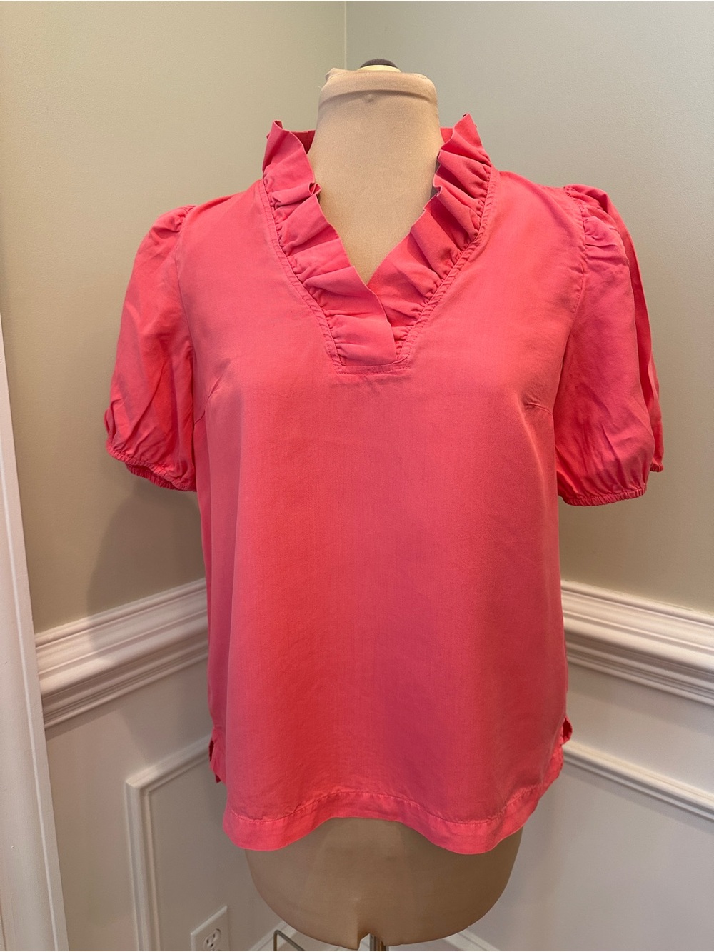 crown & ivy Coral Pink Ruffle V-Neck Blouse